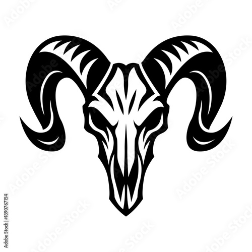 Ram skull with large curved horns and sharp tribal lines forming a bold intimidating emblem ideal for logos apparel and tattoo designs in tribal vector style.
