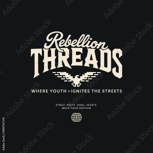 Rebellion threads streetwear logo with pixelated bird icon and script typography