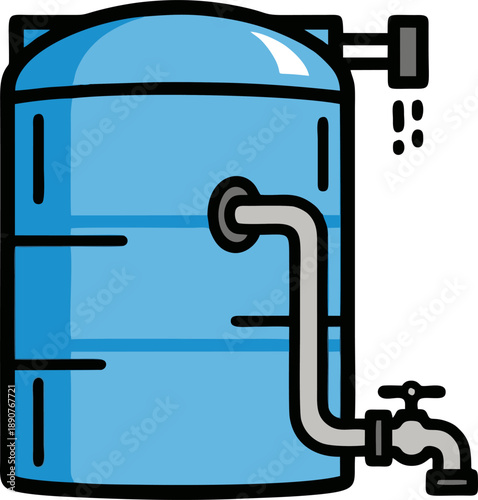 Blue water tank with pipe and faucet for water storage and distribution.