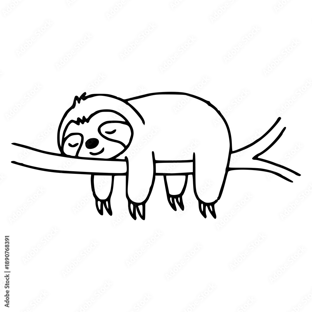 Naklejka premium cute sloth sleeping on a tree branch line art illustration