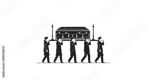 A solemn funeral procession with pallbearers carrying a classic wooden coffin on their shoulders against a clean white background in a simple illustration.