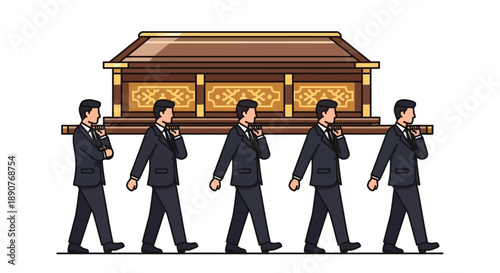 Illustration of four men in suits carrying a traditional wooden funeral coffin on their shoulders against a white background with solemn mood.