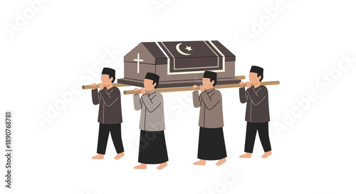 Flat illustration of four men carrying a traditional Muslim funeral coffin with a crescent moon and cross on a plain white background.