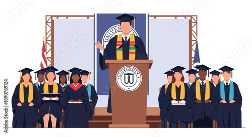 Graduates in caps and gowns listen to a speaker at a podium.