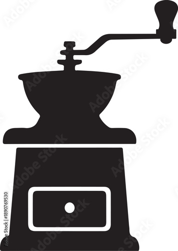 Elegant vector silhouette of a manual coffee grinder. Traditional hand-crank mill for fresh bean grinding, perfect for culinary designs