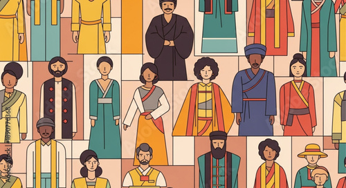 Diverse group of people wearing traditional cultural clothing.