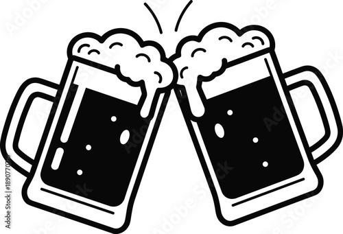 Two beer mugs clinking together in a toast with foam overflowing, a joyful moment captured in a simple illustration