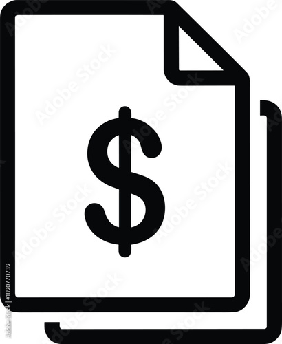 Document with dollar sign icon, financial concept, office supply, black and white illustration, simple design
