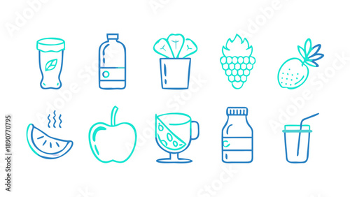 Healthy Food & Beverage Icons, Clean flat icon collection of healthy foods and beverages, 10 minimal vector icons in a professional stock style for health and lifestyle projects.