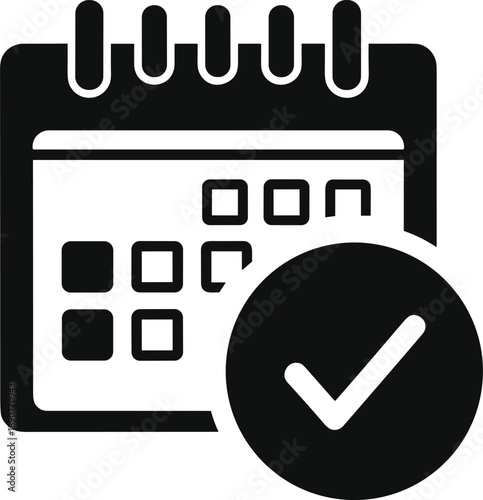 A calendar icon with a checkmark indicating a scheduled event or task confirmation, displayed on a simple graphic representation.