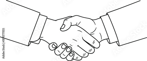 Two individuals engaging in a handshake, representing partnership and agreement in a professional setting, depicted in a simple line drawing style.