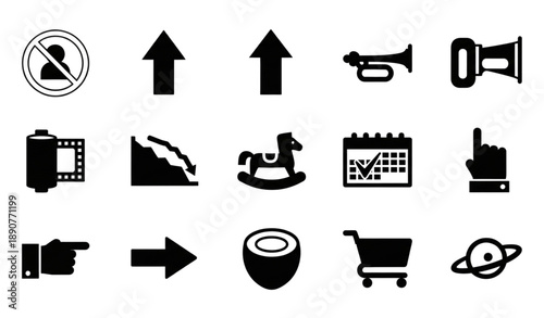 Black silhouette icon set of mixed objects and symbols vector isolated on transparent background