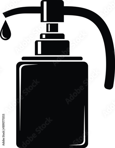 A black perfume bottle with a dropper dispensing a single drop of fragrance from its curved tube