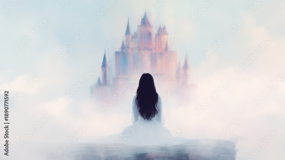 Fototapeta premium Woman sits on a rock and looks at a castle in the clouds during daytime