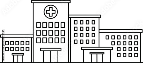Modern hospital complex line art illustration depicting a healthcare facility with multiple buildings, a prominent medical cross, and architecture representing medical services and wellness
