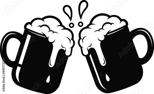 Two beer mugs toasting together with frothy beverages and overflowing foam in a celebratory illustration