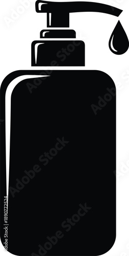 A dispenser bottle pouring liquid from its pump, viewed from the front, in a simple and clean illustration style