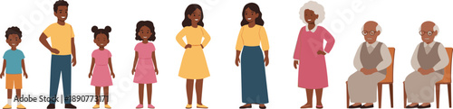 African family generations illustration showing kids, parents, adults, and elderly women and men in flat vector style