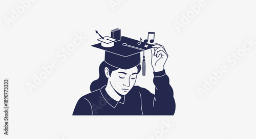 Person wearing graduation cap with various objects balanced on top.