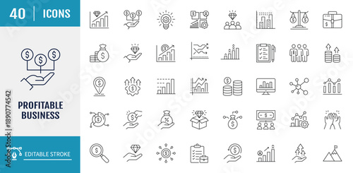 Profitable Business icon set. Includes icons related to business profit. Vector illustration with editable strokes