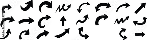 Bold hand drawn arrow set with curved, circular, and directional pointers in black vector icon style