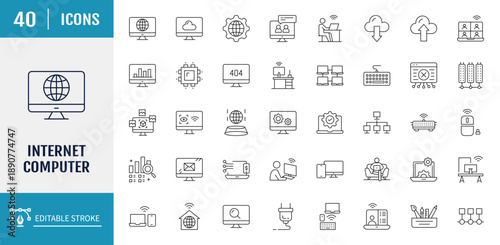 Internet computer icon set. Includes online, computer, network, website, server, web design, hardware, software, programming and more. Vector illustration with editable strokes