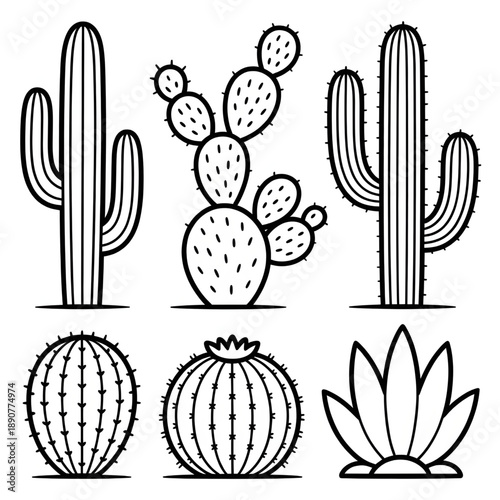 Set cactus in a pot coloring page line art