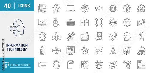 Information Technology icon set. Includes cloud computing, big data, data analytics, internet, network security and more. Vector illustration with editable strokes