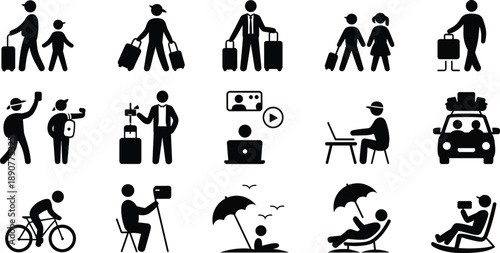 Travel lifestyle icons showing tourists luggage remote work cycling photography beach relaxation isolated on white background vector illustration set