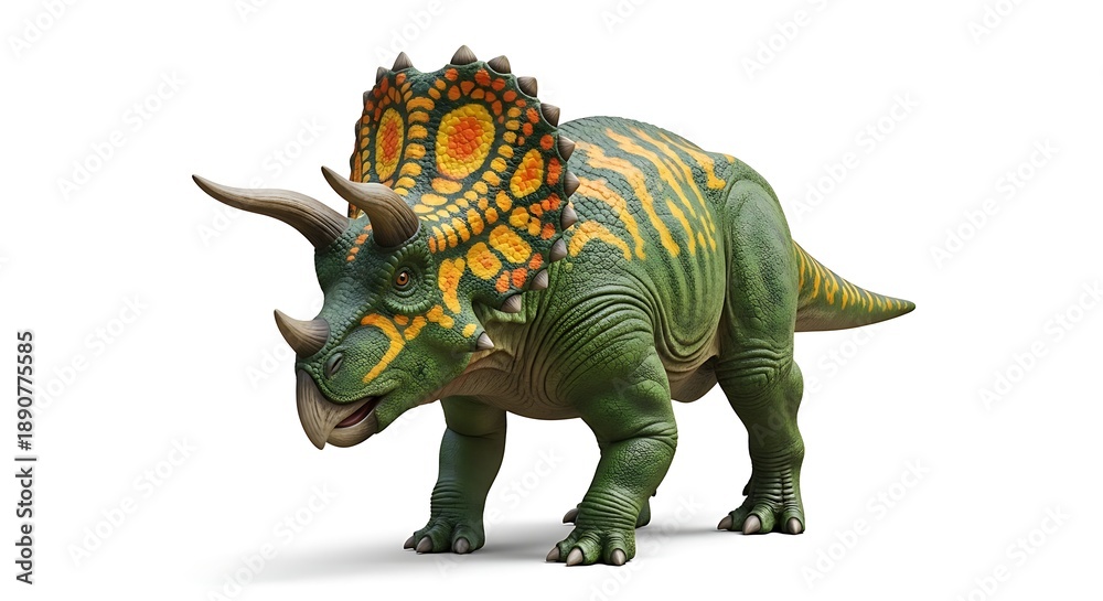 Fototapeta premium Detailed realistic illustration of a Triceratops dinosaur with textured skin and vibrant orange and green markings