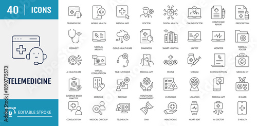 Telemedicine icon set. Remote health diagnosis. Includes Telemedicine, Digital Healthcare, Doctor, Online Consultation, and more. Vector illustration with editable strokes