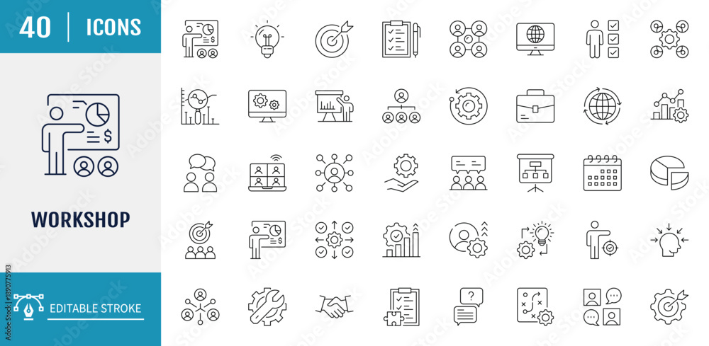 Fototapeta premium Workshop icon set. Includes training, learn, skill, coaching, motivation, meeting, presentation, and more. Vector illustration with editable strokes