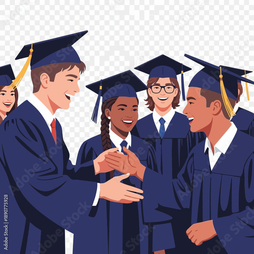 Graduates in caps and gowns congratulate each other.