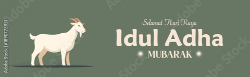 Selamat Idul Adha.Translation: Happy Eid Al Adha Mubarak. Eid al-Adha Greeting with typography and goat illustration
