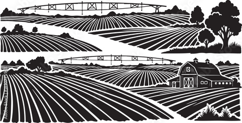 Rural landscape with farm fields and a bridge overhead
