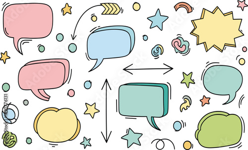 Colorful hand drawn speech bubble doodle elements set with arrows stars and symbols for comic communication designs