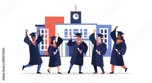 Graduates in caps and gowns celebrating with diplomas outside a building.