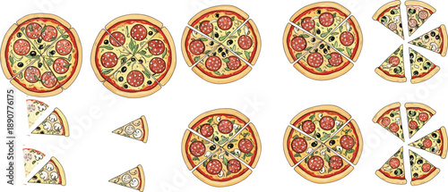 Colorful hand drawn pizza set with different toppings and sliced variations isolated on white background