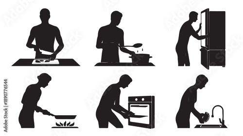 Cooking process silhouettes in a minimalist graphic style with black and white contrast for kitchen lifestyle illustrations.