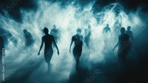 A group of people are walking through a foggy, misty area