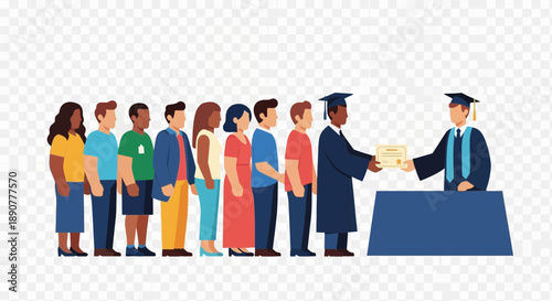 Diverse people in graduation gowns receiving diplomas from an official.