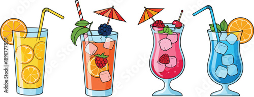 Colorful summer cocktail and lemonade drink set with fruit ice umbrellas and straws isolated illustration
