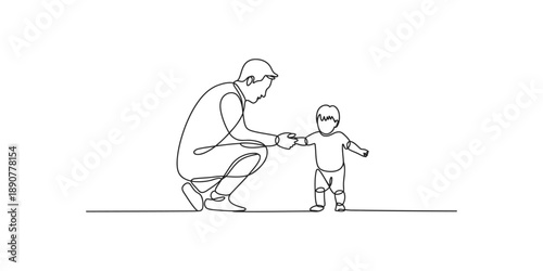 A continuous line art illustration of a father helping his young child take their very first steps.