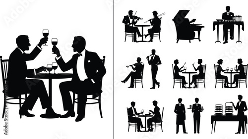 Fine dining restaurant silhouettes with couples musicians waiters toasting wine isolated on white background vector illustration set for hospitality branding