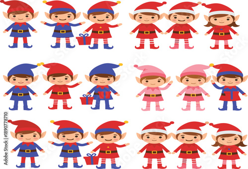 Cute cartoon Christmas elf character set with holiday costumes gifts and smiles for kids vector illustration