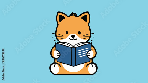Cute cartoon cat reading a book, education concept, illustration