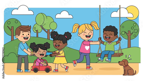 Diverse children playing happily outdoors with dog and toys in park