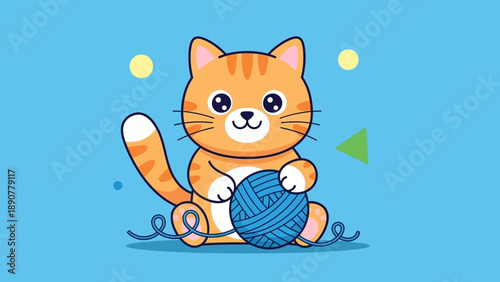 Cute cartoon ginger cat playing with blue yarn ball, illustration