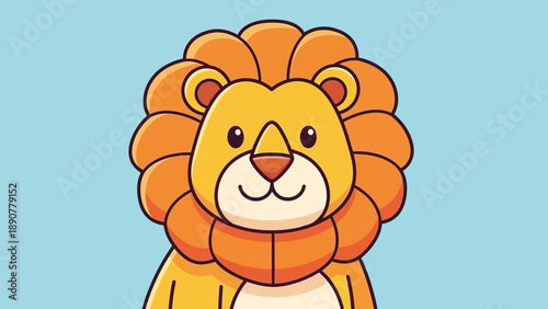 Cute cartoon lion face, friendly king of jungle, simple illustration, bright colors, blue background