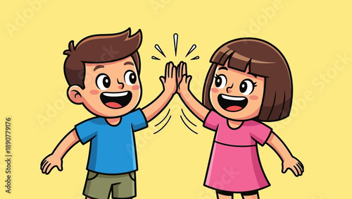 Cute Cartoon Kids Giving High Five, Celebrating Success and Friendship